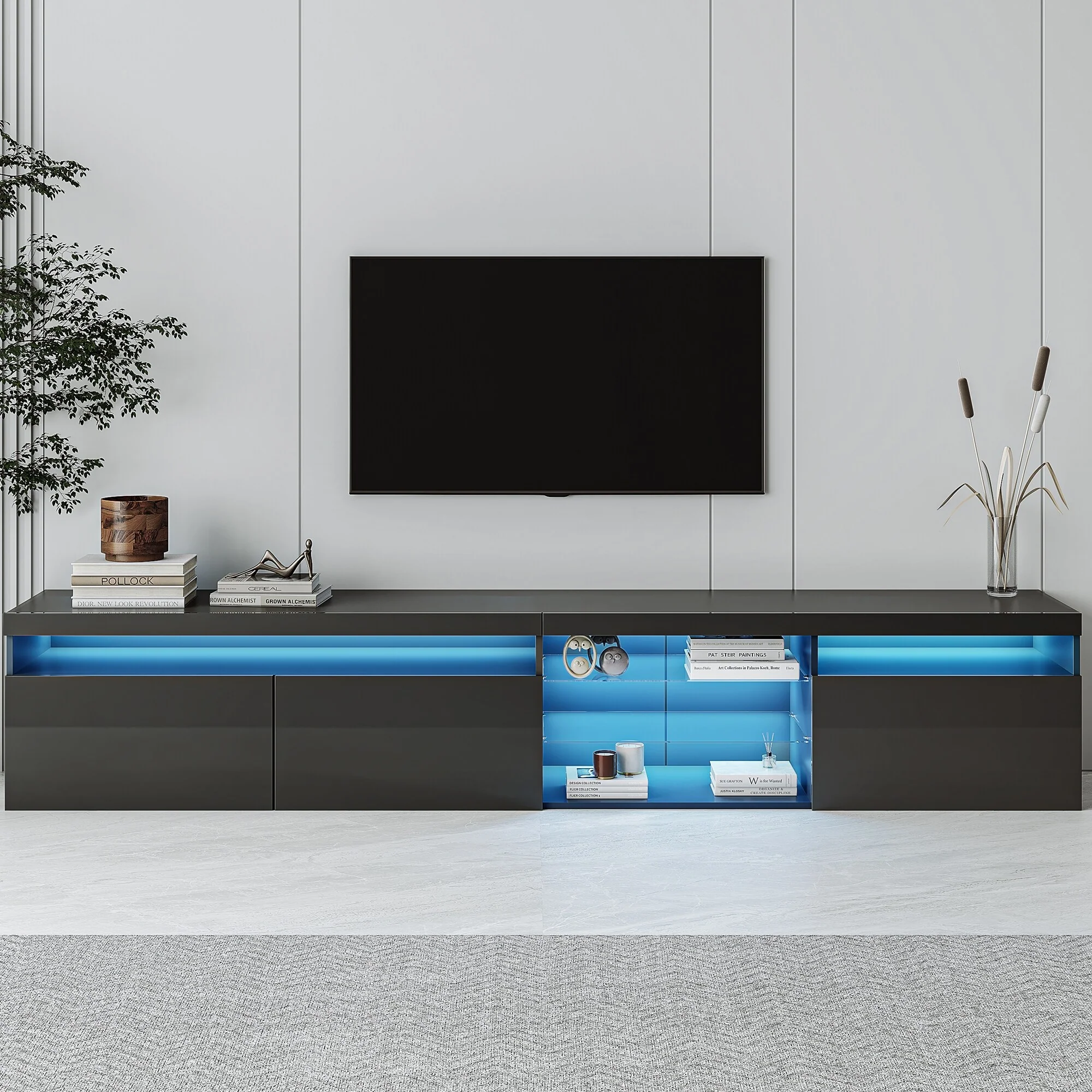 LED TV Stand with Storage Up to 100 TV, Home TV Cabinet with 2 Glass Shelves, Floor Media Console Table for Living Room