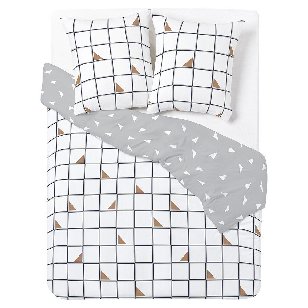 Parure de lit 2 personnes 240x220cm réversible quadrillage triangle gris blanc