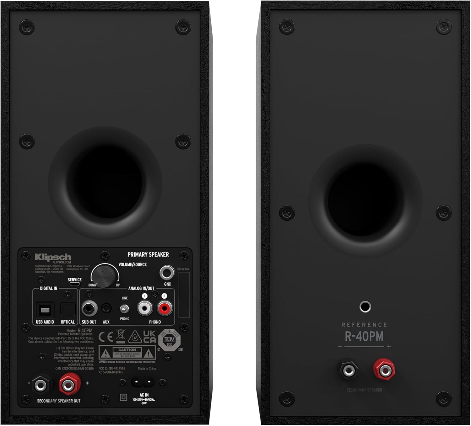 Klipsch Reference R-40PM Powered Bookshelf Speakers - 90-Degree x 90-Degree Tractrix Horn - Linear Travel Suspension - Sleek, Modern Appearance
