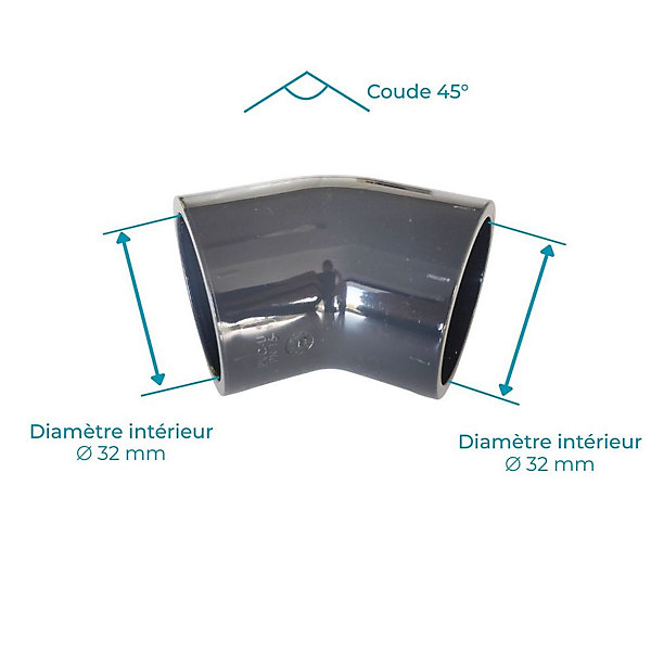 Coude PVC Pression 45 degrés FF 32mm intérieur PN16 Femelle Femelle FF