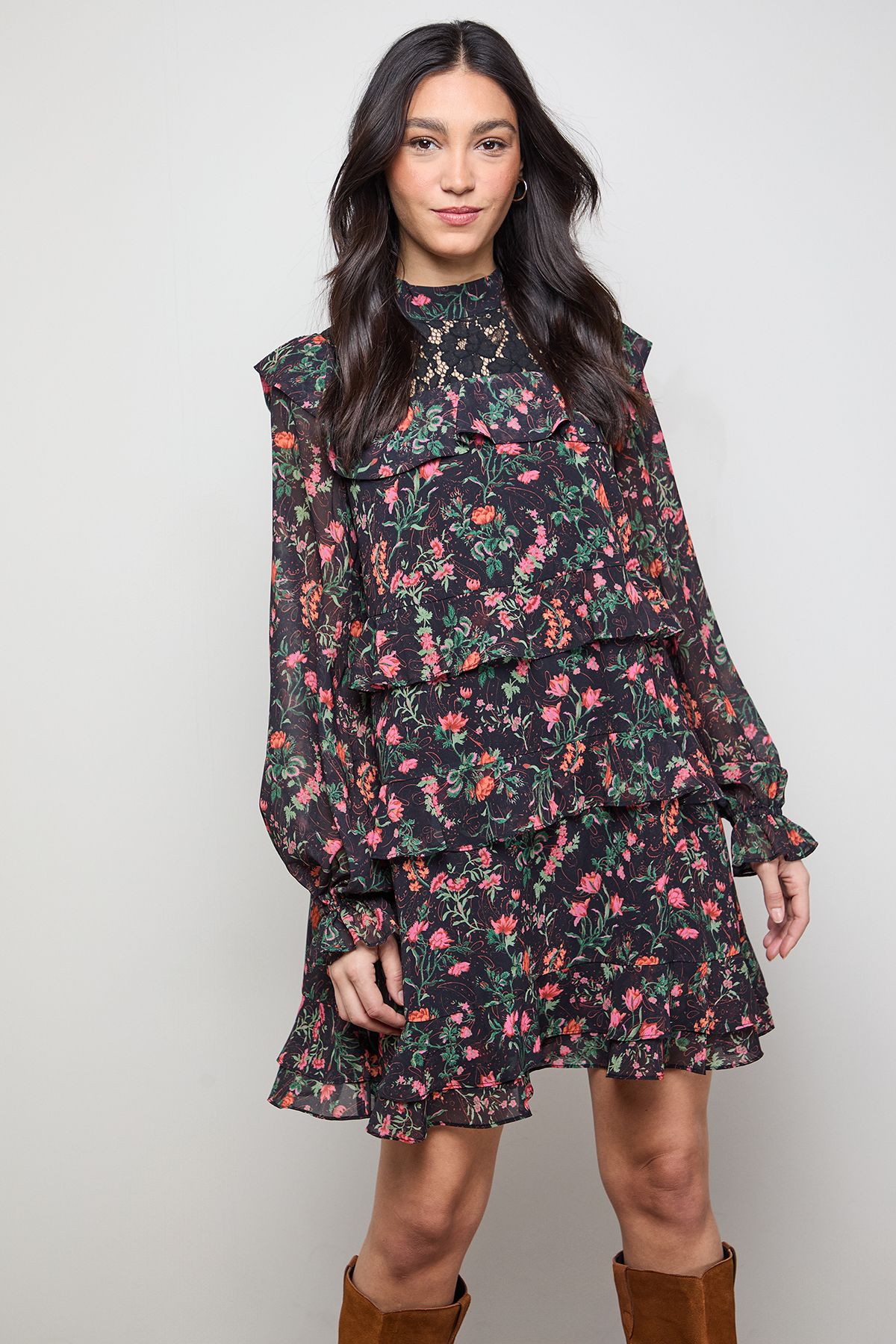 Oasis Printed Chiffon Lace Detail Tiered Long Sleeve Mini Dress