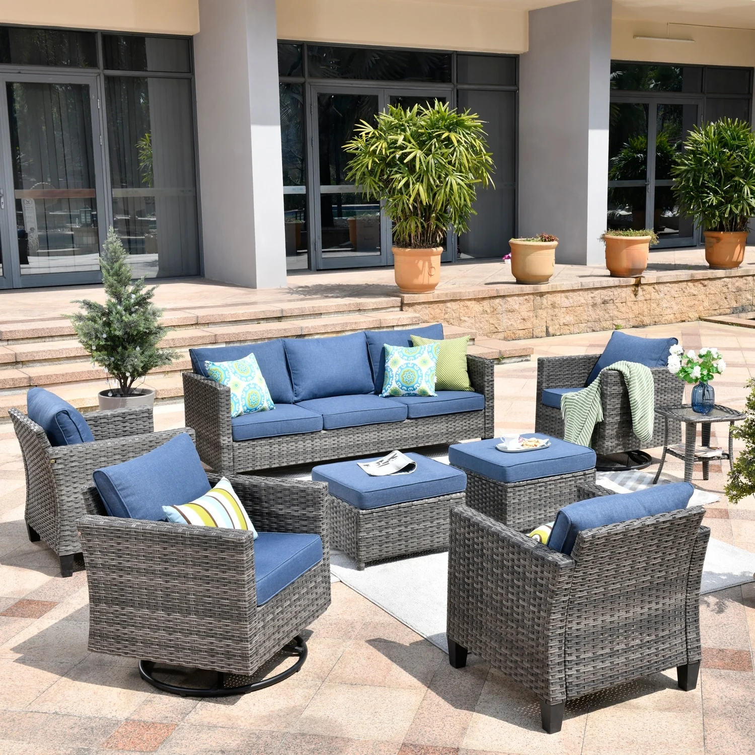 OVIOS 8-piece Patio Wicker Conversation Furniture Set with Swivel Chairs