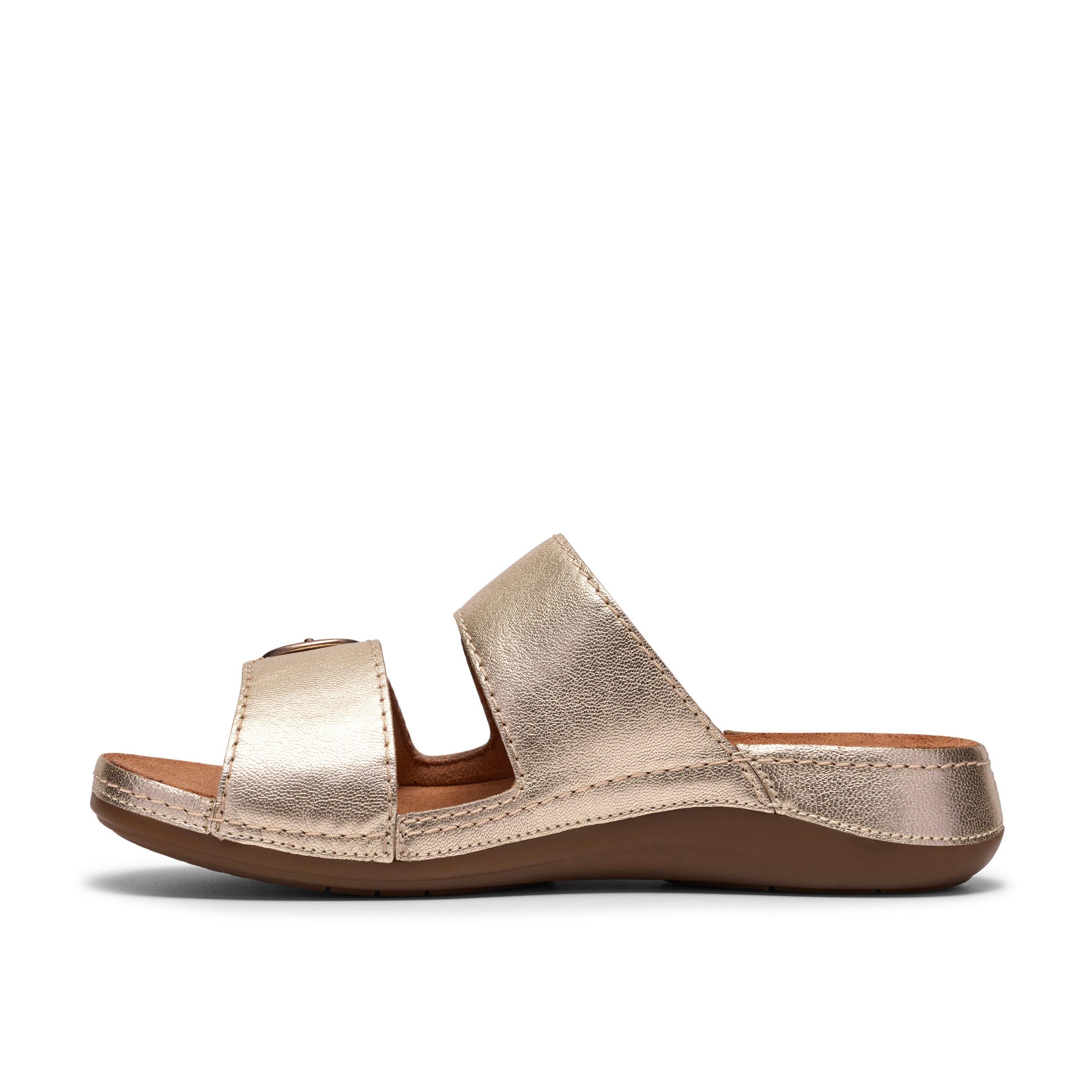 Clarks Cecily Step Champagne Leather Flat Sandals,Sliders