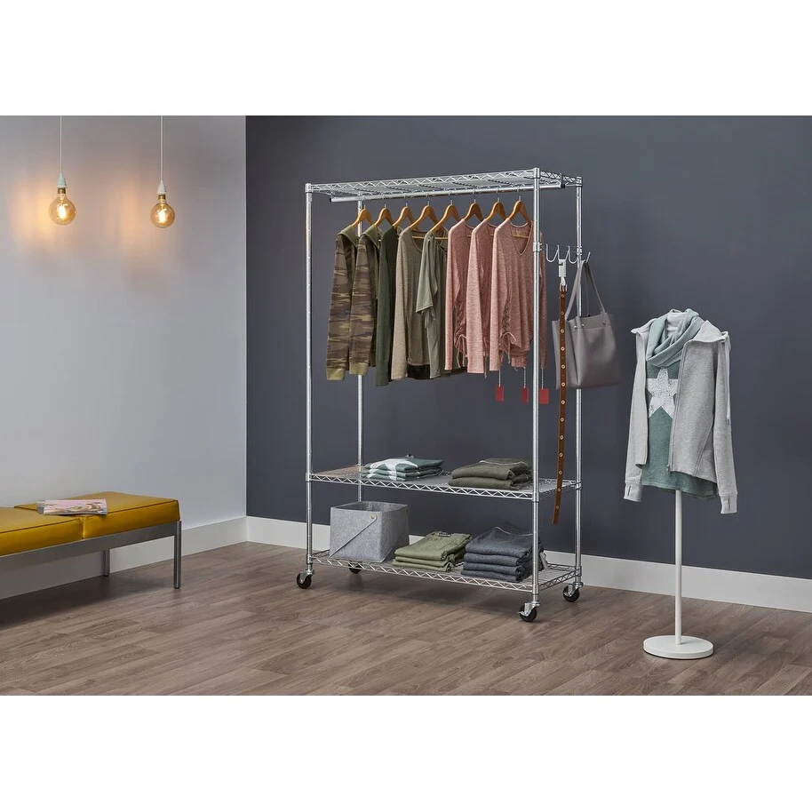 TRINITY EcoStorage® 3-Tier 48x18x75.5 Rolling Garment Rack, Chrome