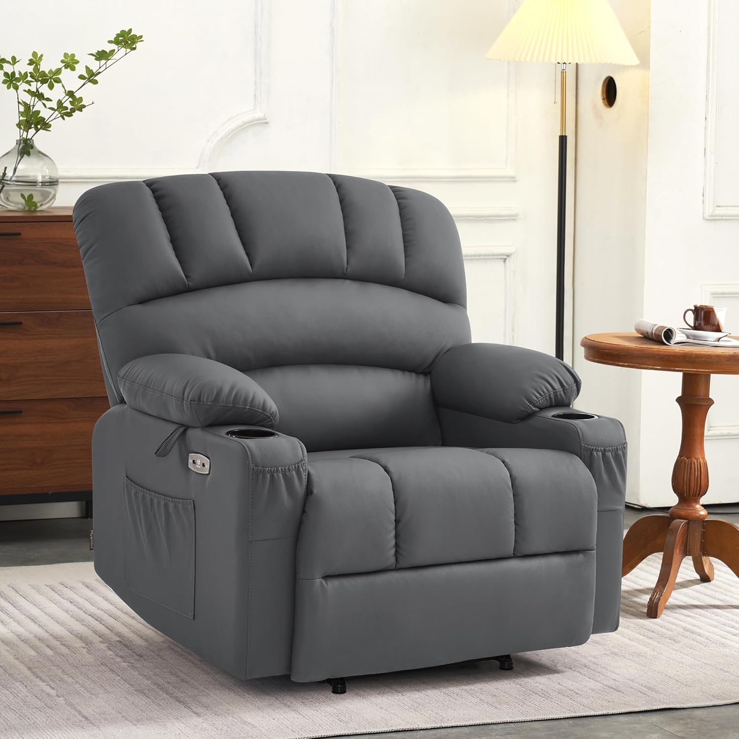 MCombo Power Lift Recliner Chair for Elderly, Lift Chair with Heat and Massage, Extra Wide Lift Recliner for Big People, Faux Leather R7096 (Medium-Wide, Grey)