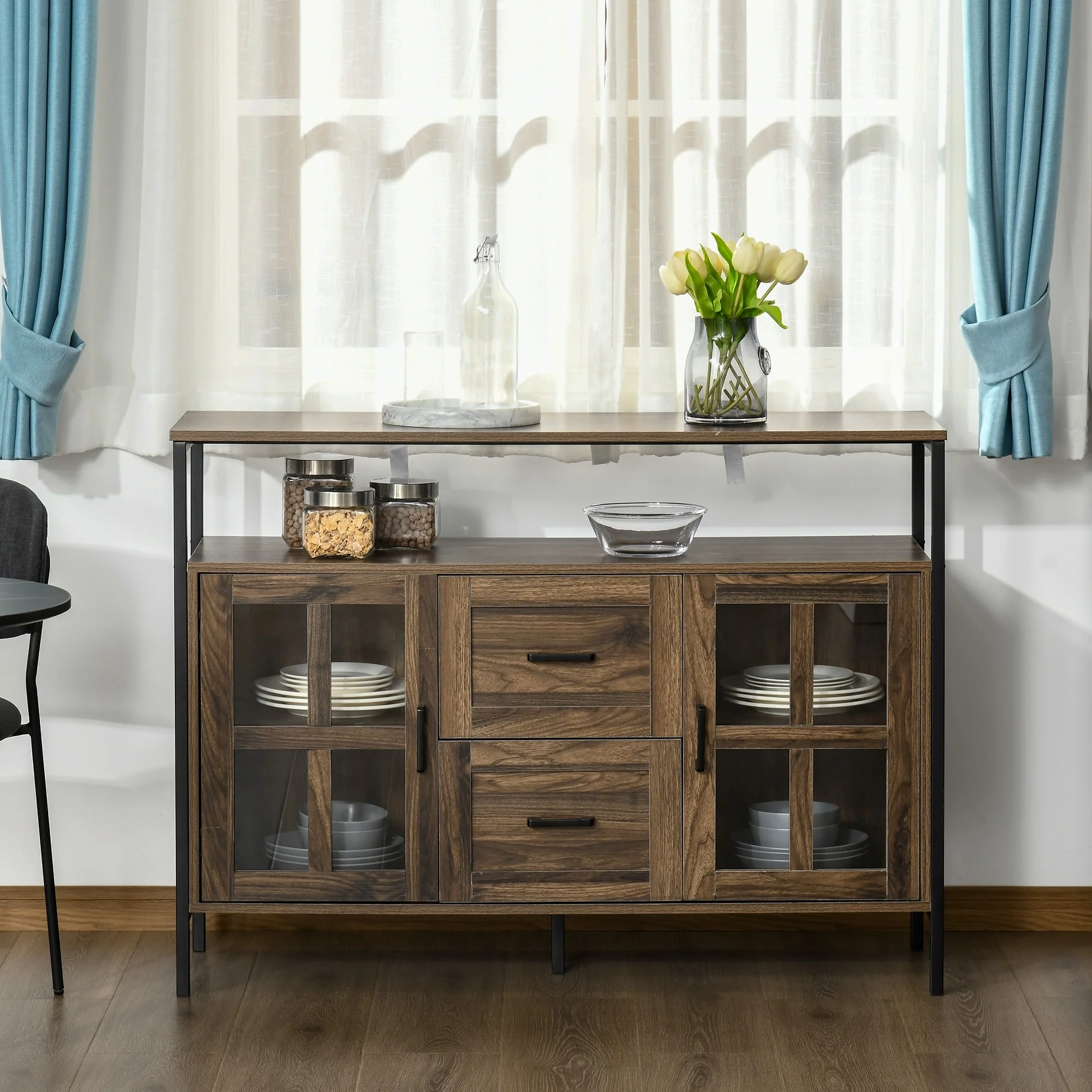 HOMCOM Rustic Kitchen Sideboard, Serving Buffet Cabinet with Adjustable Shelves, Glass Doors, and 2 Drawers