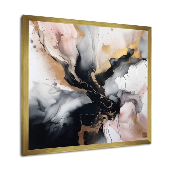 Designart "Pink Black Textured Splash Marble Ii" Abstract Marble Framed Wall Art Prints