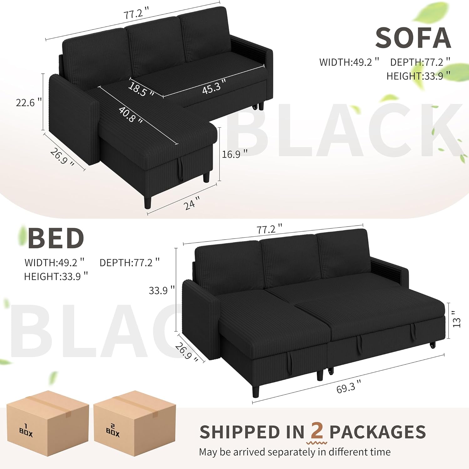 Walsunny Sectional Sofa Couch L Shaped Sleeper Sofa Bed Pull Out Bed with Storage, Reversible Sectional Couches for Living Room, Apartment, Office(Black)