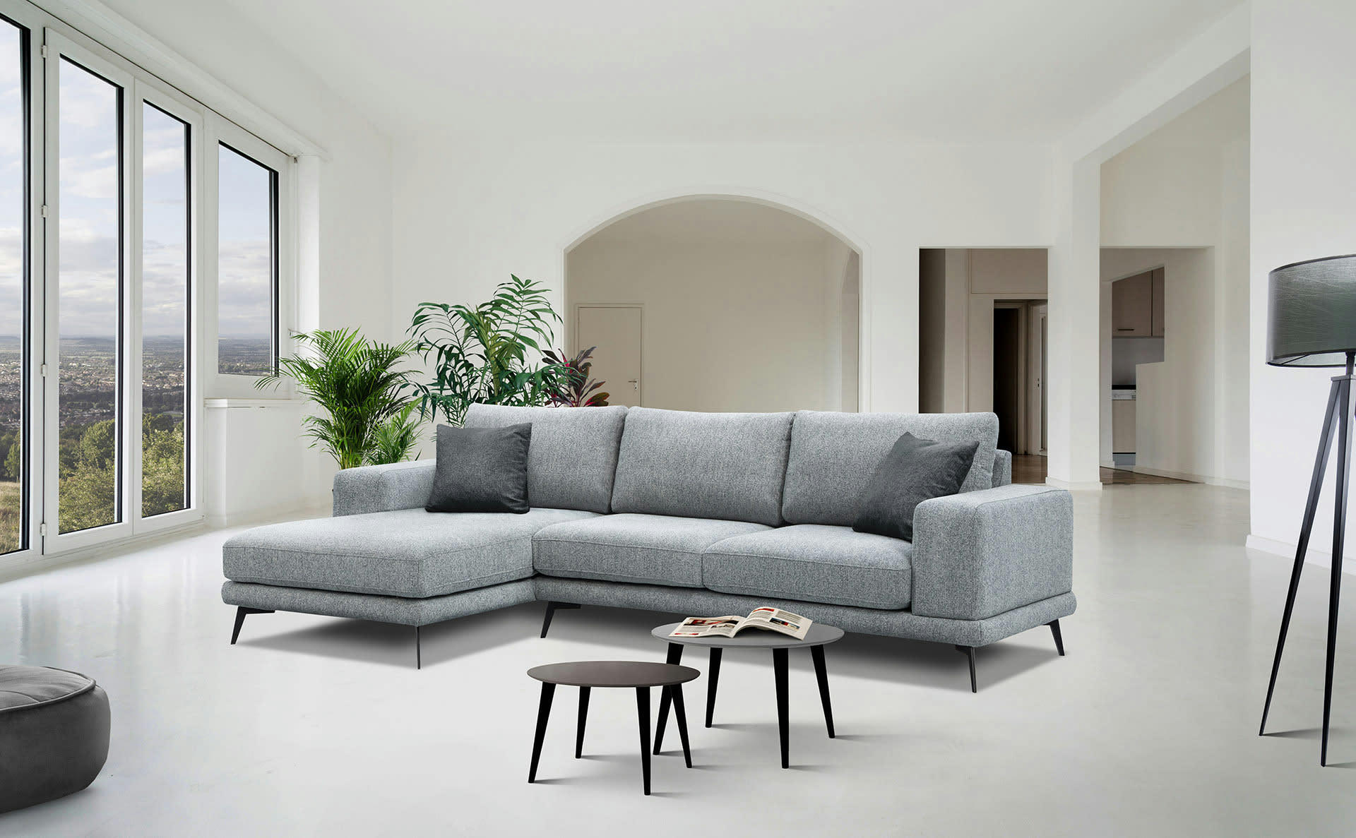 MEDIOLANE - Canapé d'angle gauche 4 places tissu gris clair