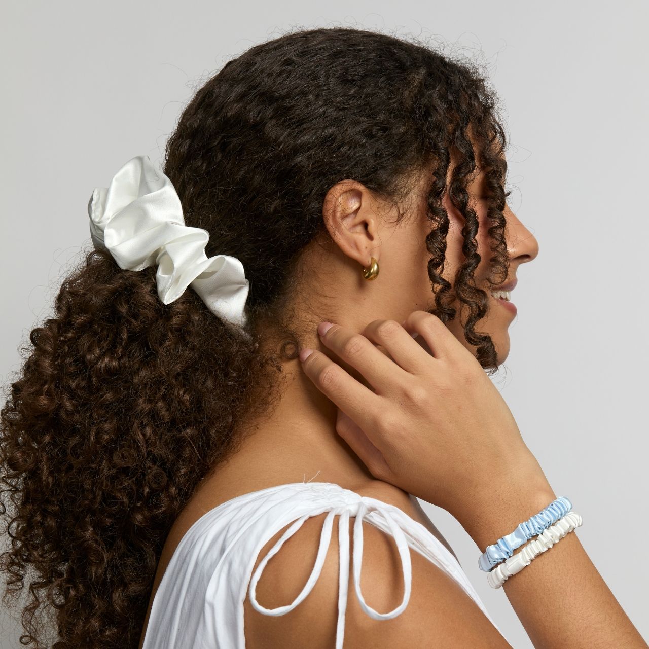 Silver Cloud Satin  Oversized Scrunchie Santorini White