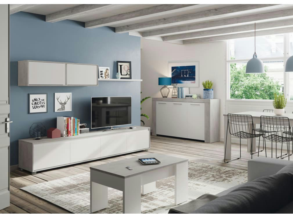 ADAN - Meuble TV blanc/béton 4 portes avec étagère murale L200cm