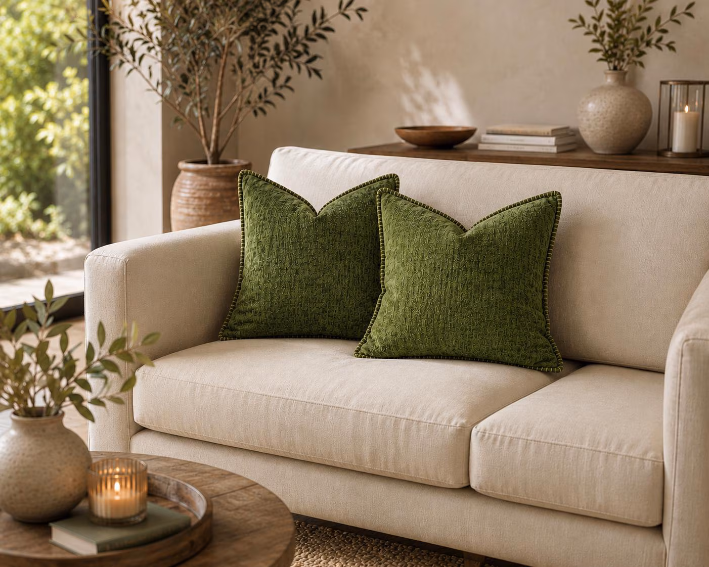Sage Green Chenille Pillow Covers (Set of 2), Farmhouse Stitched Edge Cushion