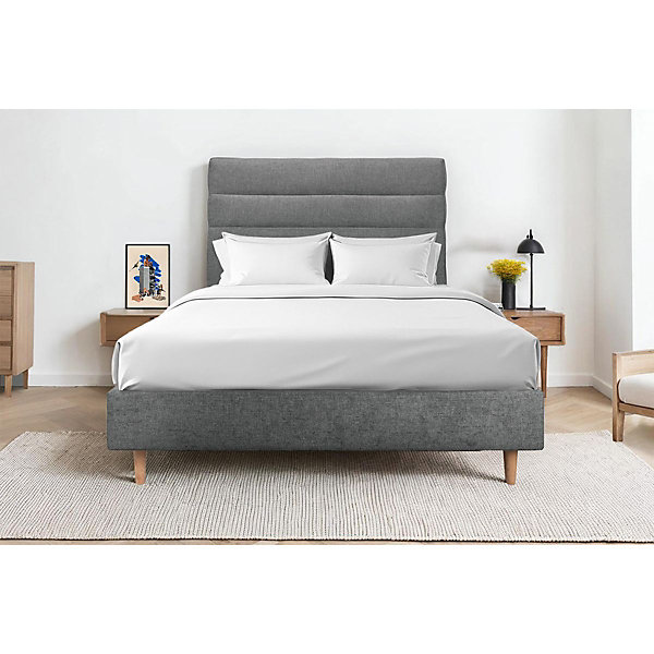 Lit avec tête de lit lignes tissu et sommier tapissier- Lit en bois massif