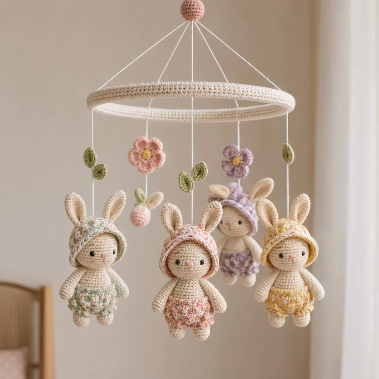 Poppy Bonnet Bunnies Crochet Mobile, Floral Rabbit Nursery Decor, Botanical Crib Hanging, Heirloom Baby Room Art