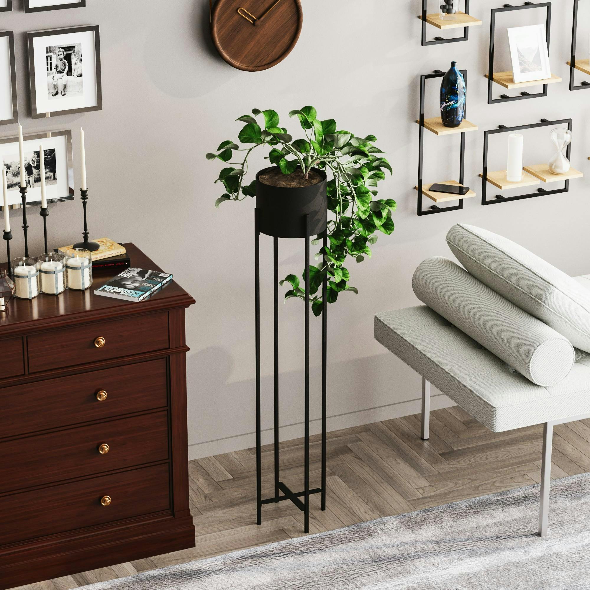 Cache-pot sur pied en métal noir – style moderne, 108 cm