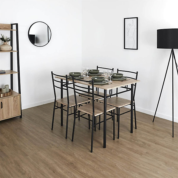 FAUSTIN - Ensemble Repas 4 Personnes Table et Chaises en MDF et Pieds Métal Noir