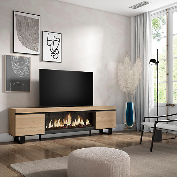 Meuble TV 210x35x57cm feu led sans chaleur XXL couleur chêne
