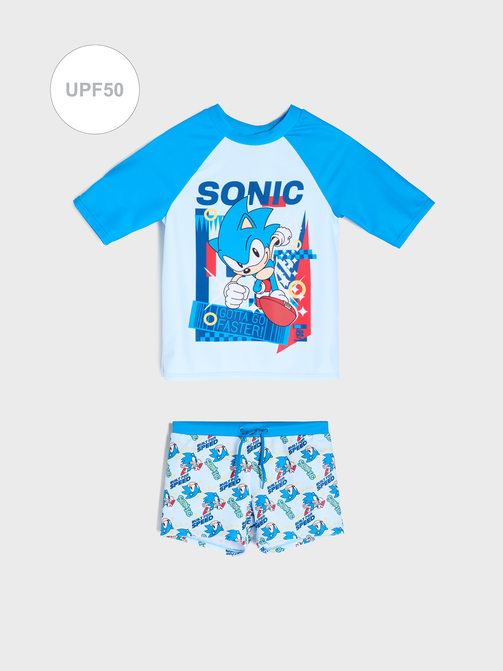 Zestaw plażowy UPF50 – Koszulka i szorty kąpielowe Sonic the Hedgehog