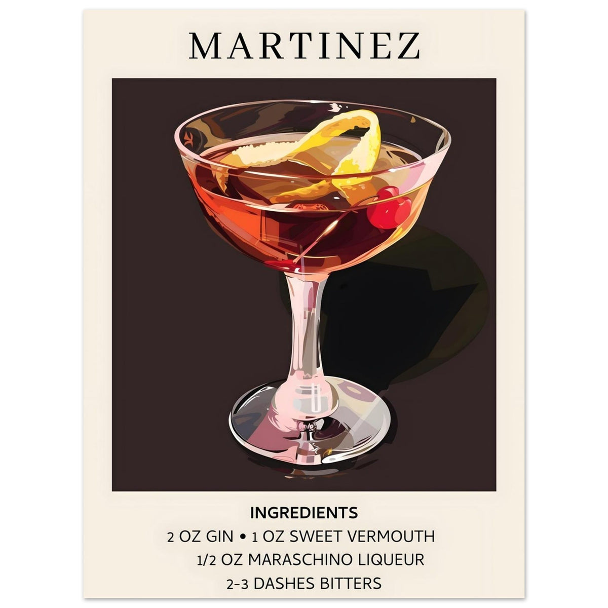 Artfulprints Poster Martinez cocktail - Ingrediënten  - 30x40 cm - Zwart