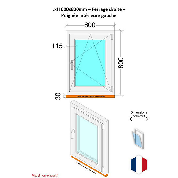 Fenêtre PVC - LxH 600x800 mm -Triple Vitrage - Blanc -poignée à gauche
