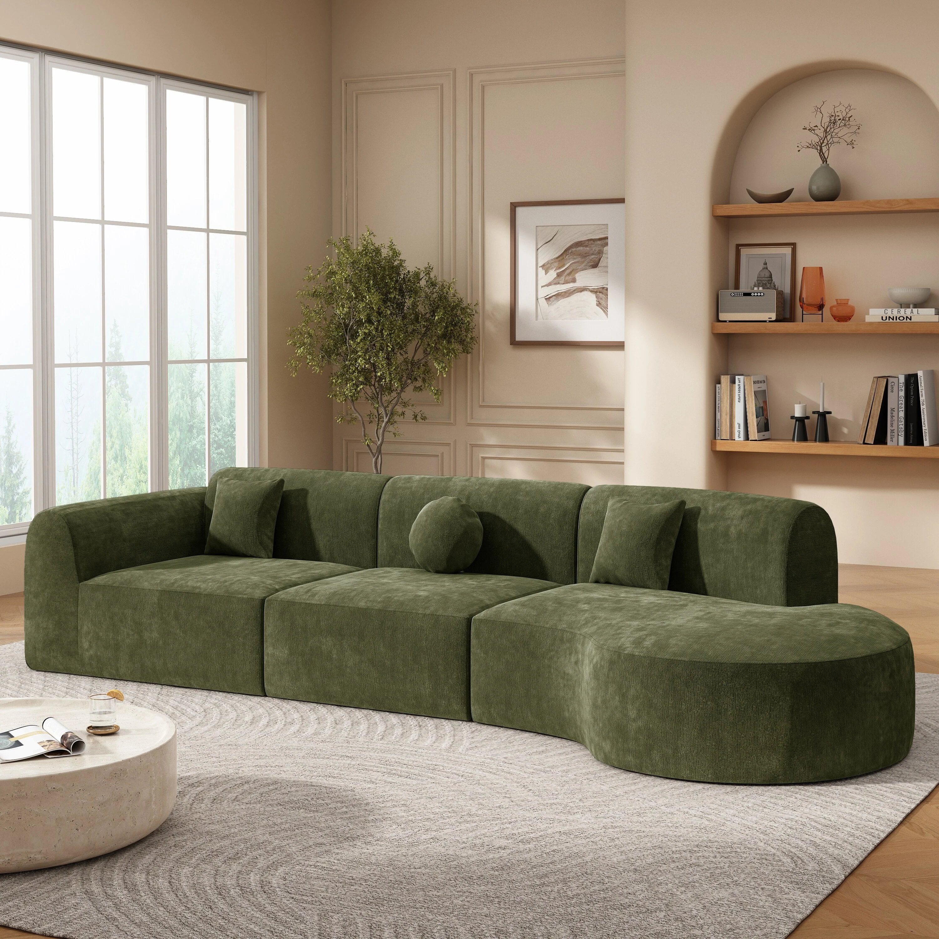 140 Modern Curved Sectional Sofa with High-Density Fully Compressed Sponge and Chaise Lounge, 3-Piece Set