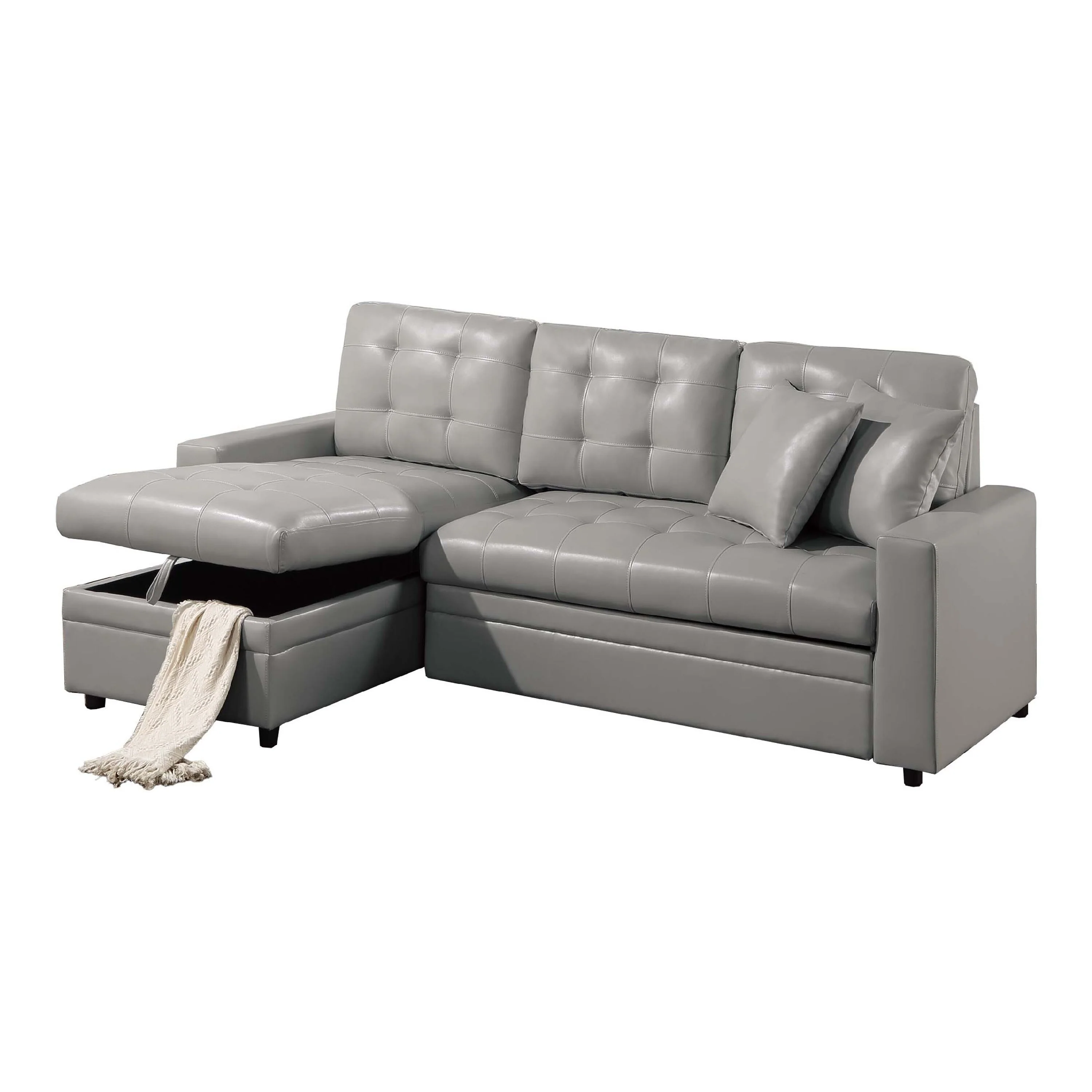 Dero Convertible Sectional Sofa Storage Chaise, Gray Faux Leather