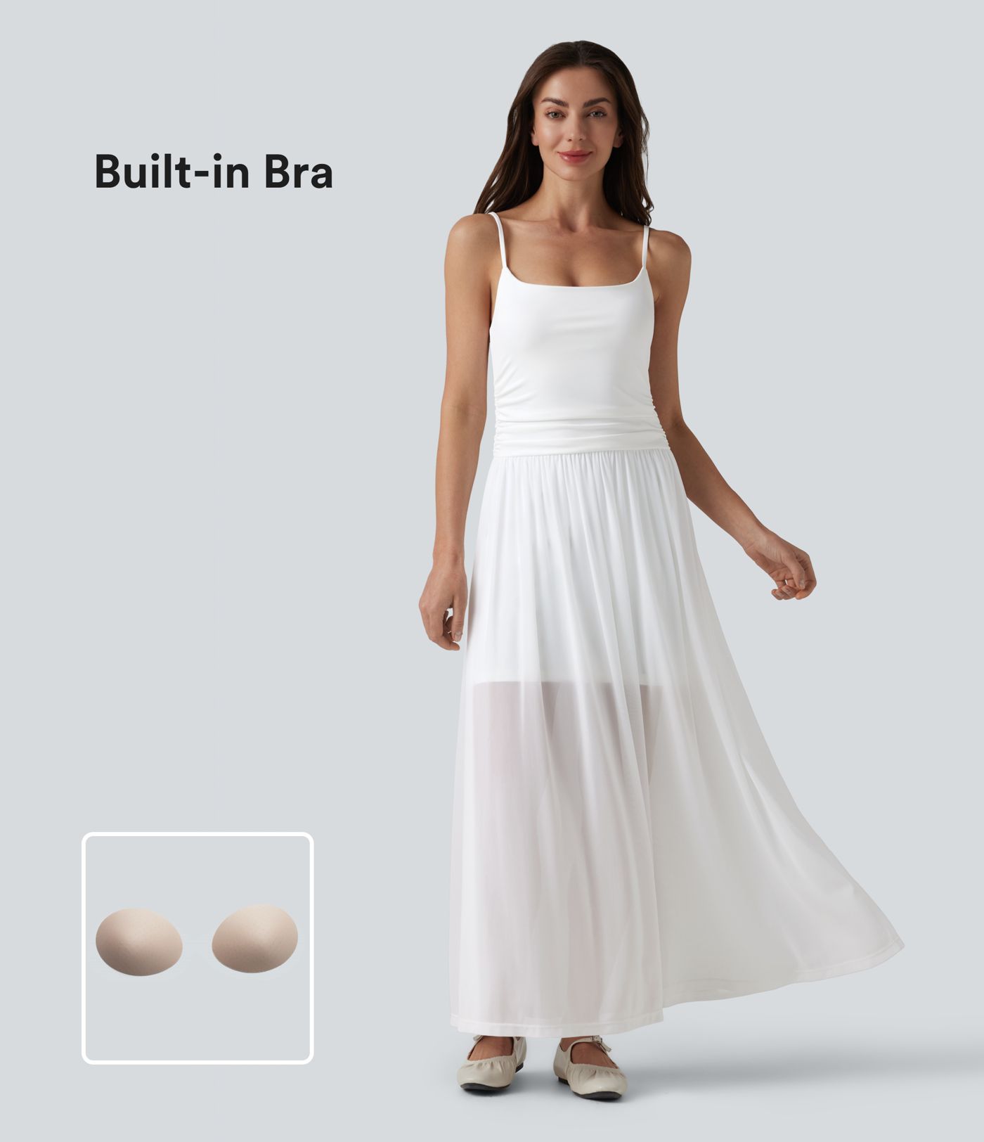 Robe nuisette longue décontractée fluide bretelles réglables froncée mesh contrasté soutien-gorge intégré