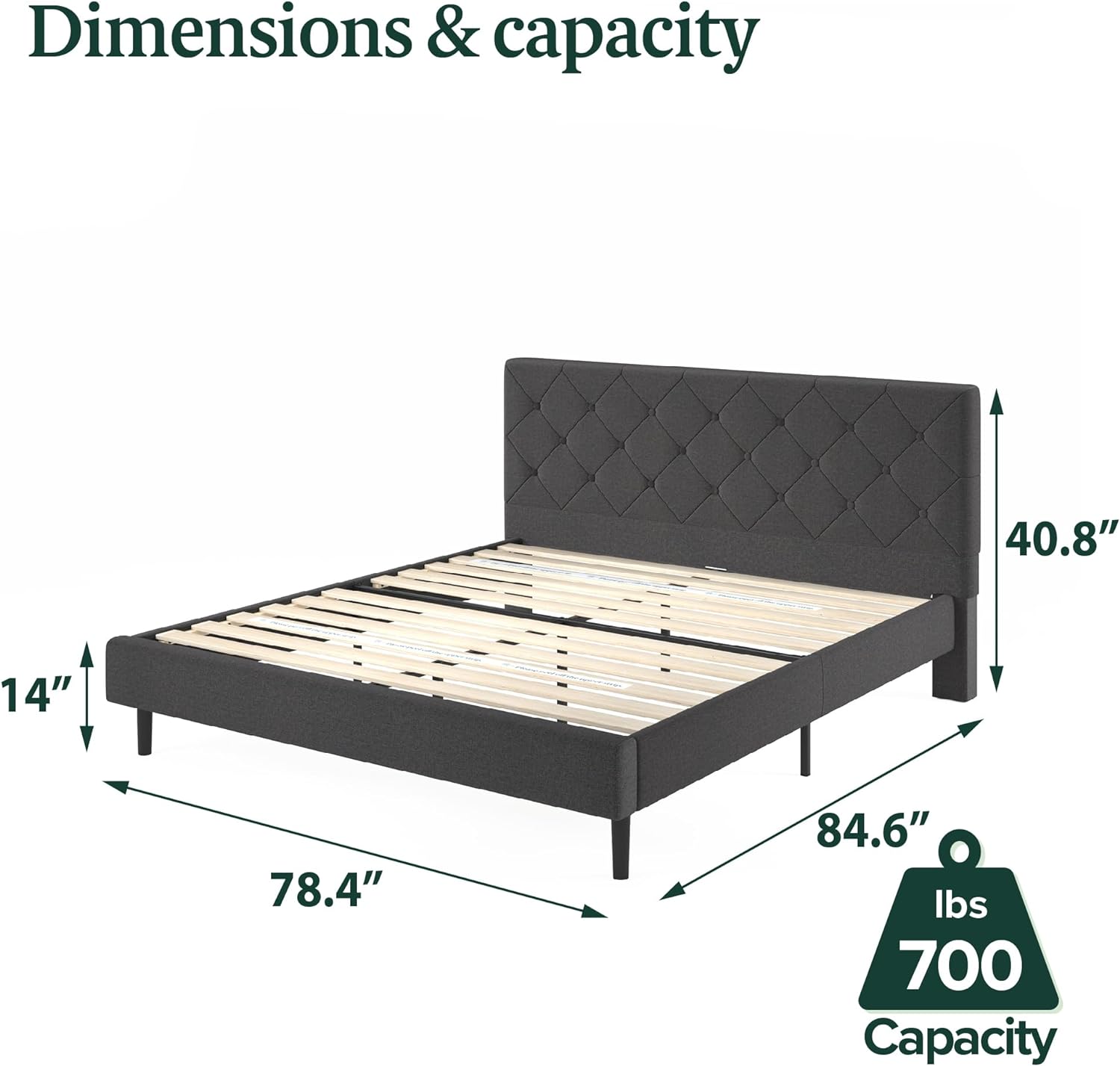 Zinus King Shalini Upholstered Platform Bed Frame with Headboard [New WonderBox(TM) Version], Wooden Slat Support, No Box Spring Needed, Easy Assembly, Eco Friendly Packaging, Dark Grey