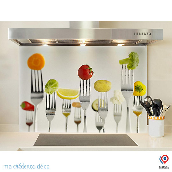 Crédence cuisine fond de hotte fourchettes et aliments - Verre trempé - L 90 cm x H 70 cm - MaCrédenceDéco