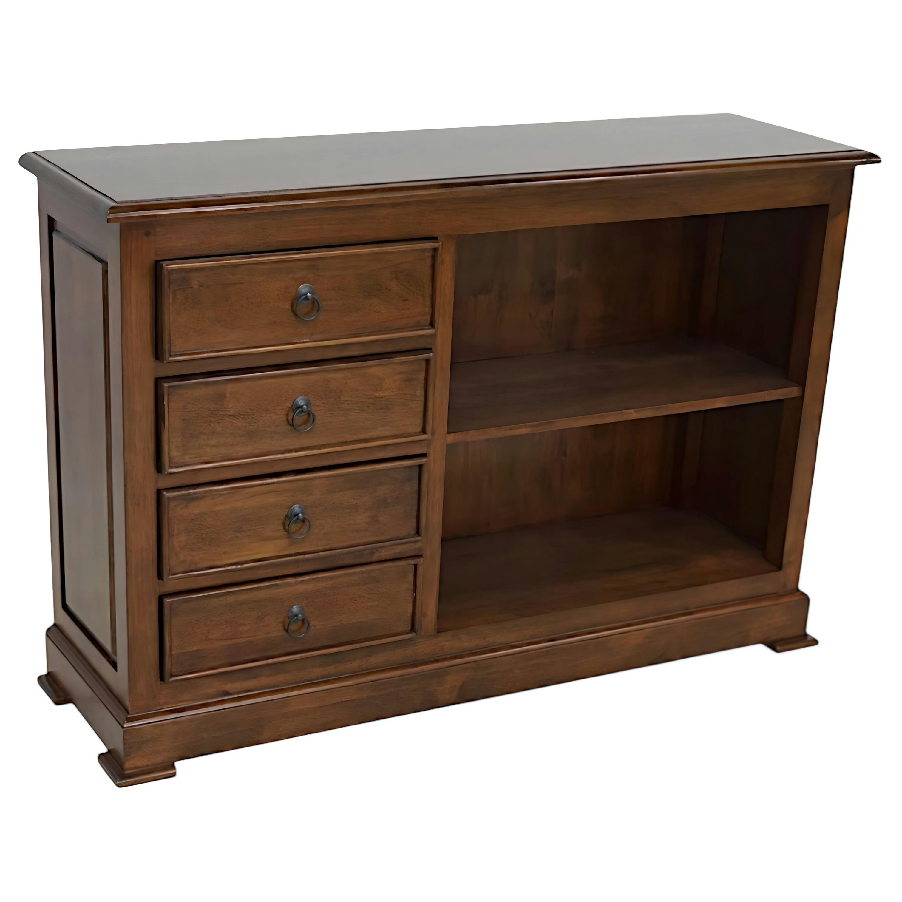 Meuble TV / Buffet / Bibliothèque basse Hévéa 4 tiroirs, 2 niches 120x35x80cm TRADITION