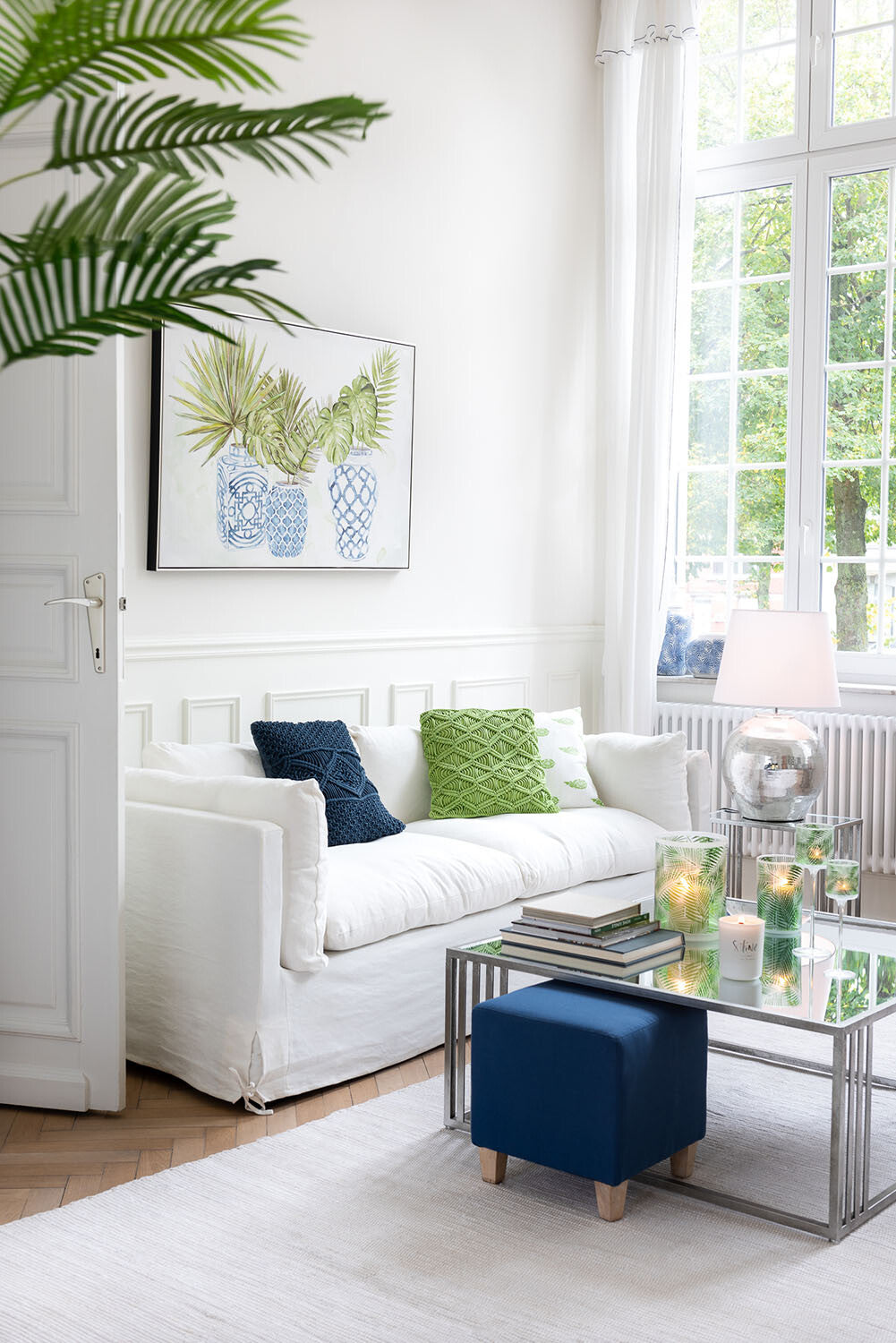 J-Line kussen Macrame Vierkant - katoen - blauw