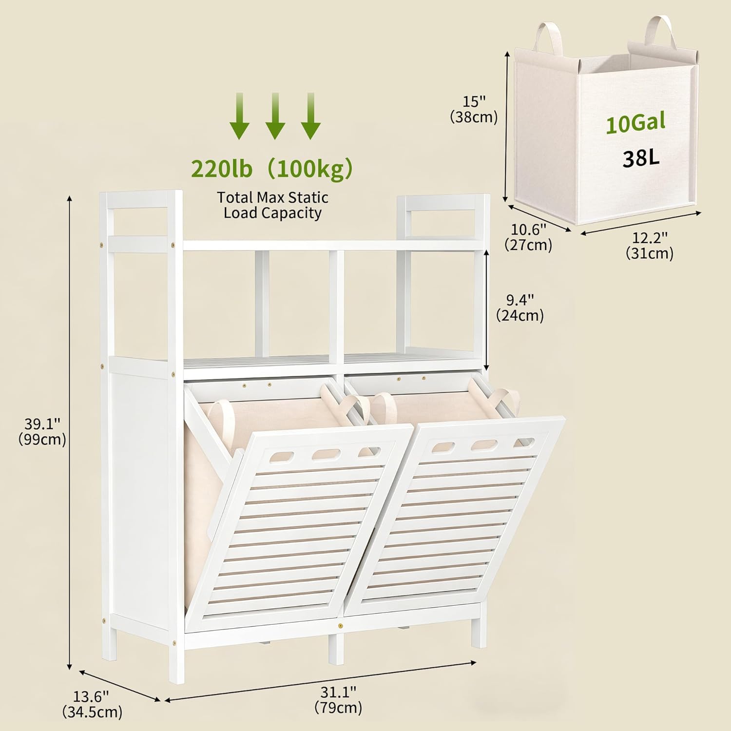 VASMIA Tilt Out Laundry Hamper Cabinet, Bamboo Double Laundry Hamper with 2 Removable Laundry Baskets, 20 Gal Laundry Sorter Organizer with Shelf for Dirty Clothes, Bathroom, Laundry Room, White