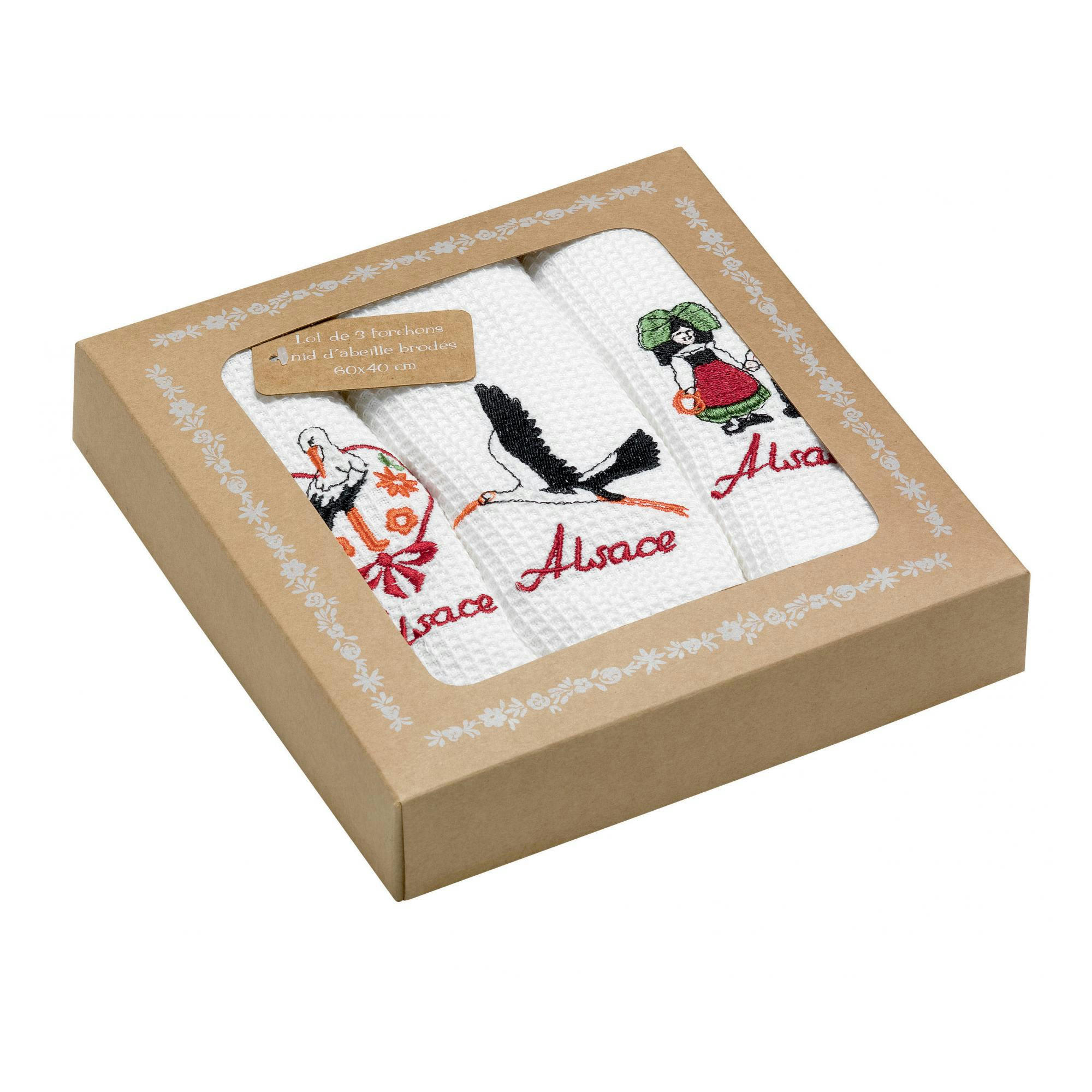 BRODERIE ALSACE - Lot de 3 torchons nid d'abeilles alsace brodés blanc 40 x 60