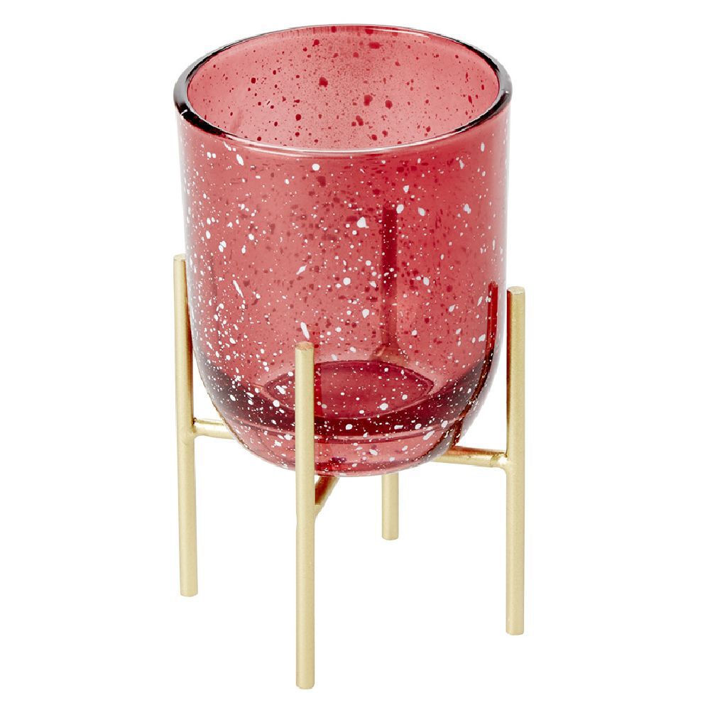 Bougeoir en verre rouge sur pied en métal doré
