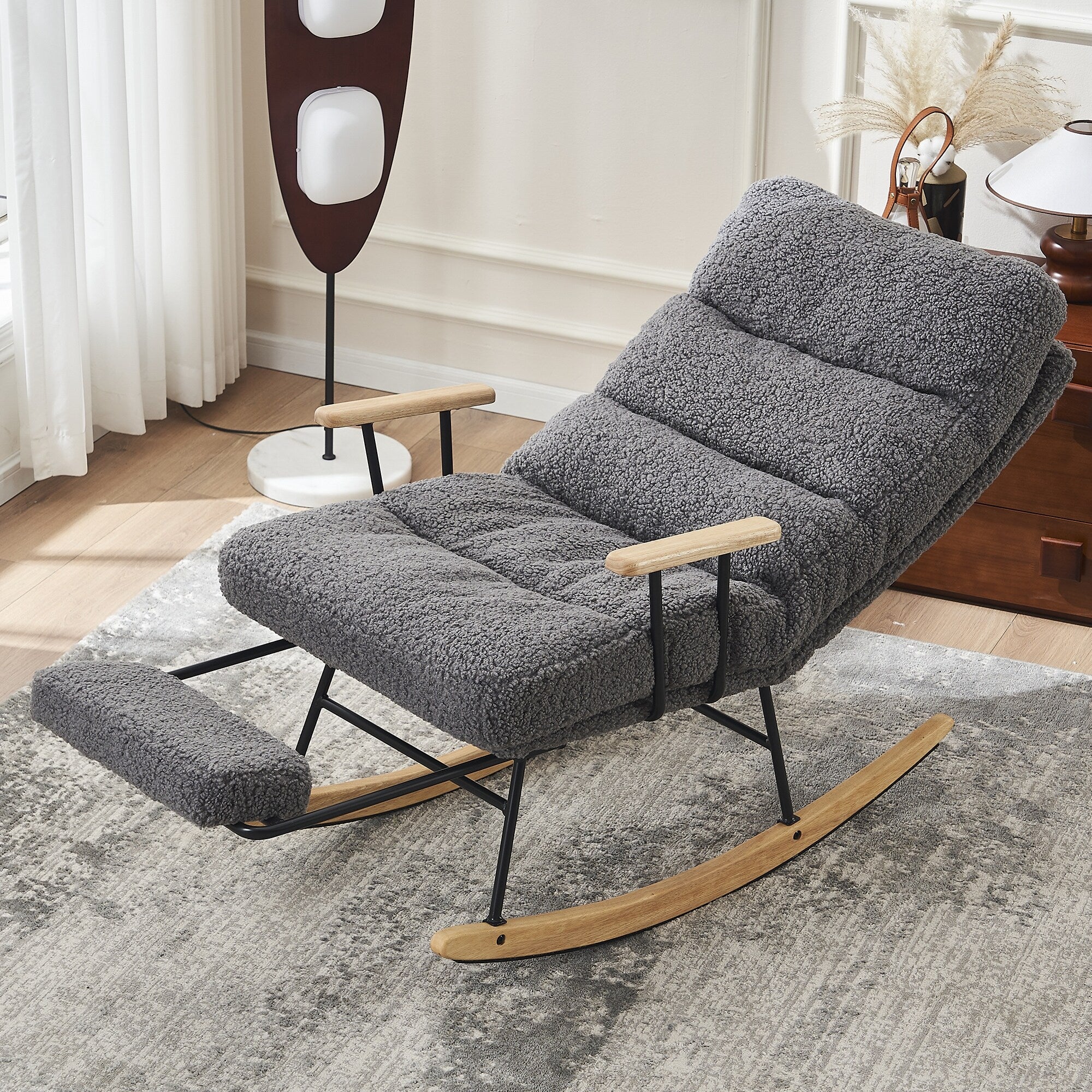 Modern Teddy Velvet Gliding Rocking Chair with Retractable Footrest and Adjustable Back Angle for Nursery, Living Room,Bedroom