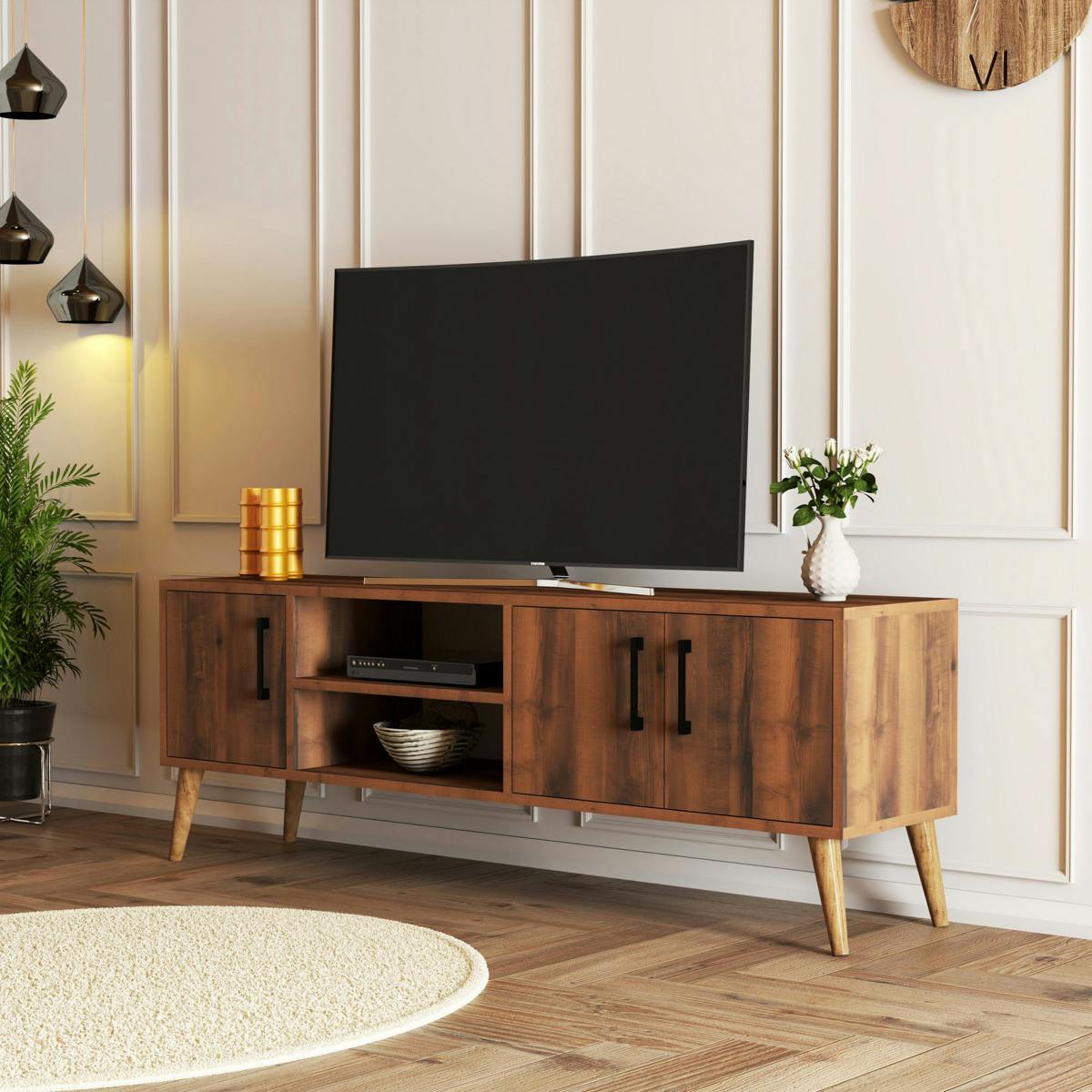 Meuble TV vintage décor bois foncé 3 portes 2 niches UMEA