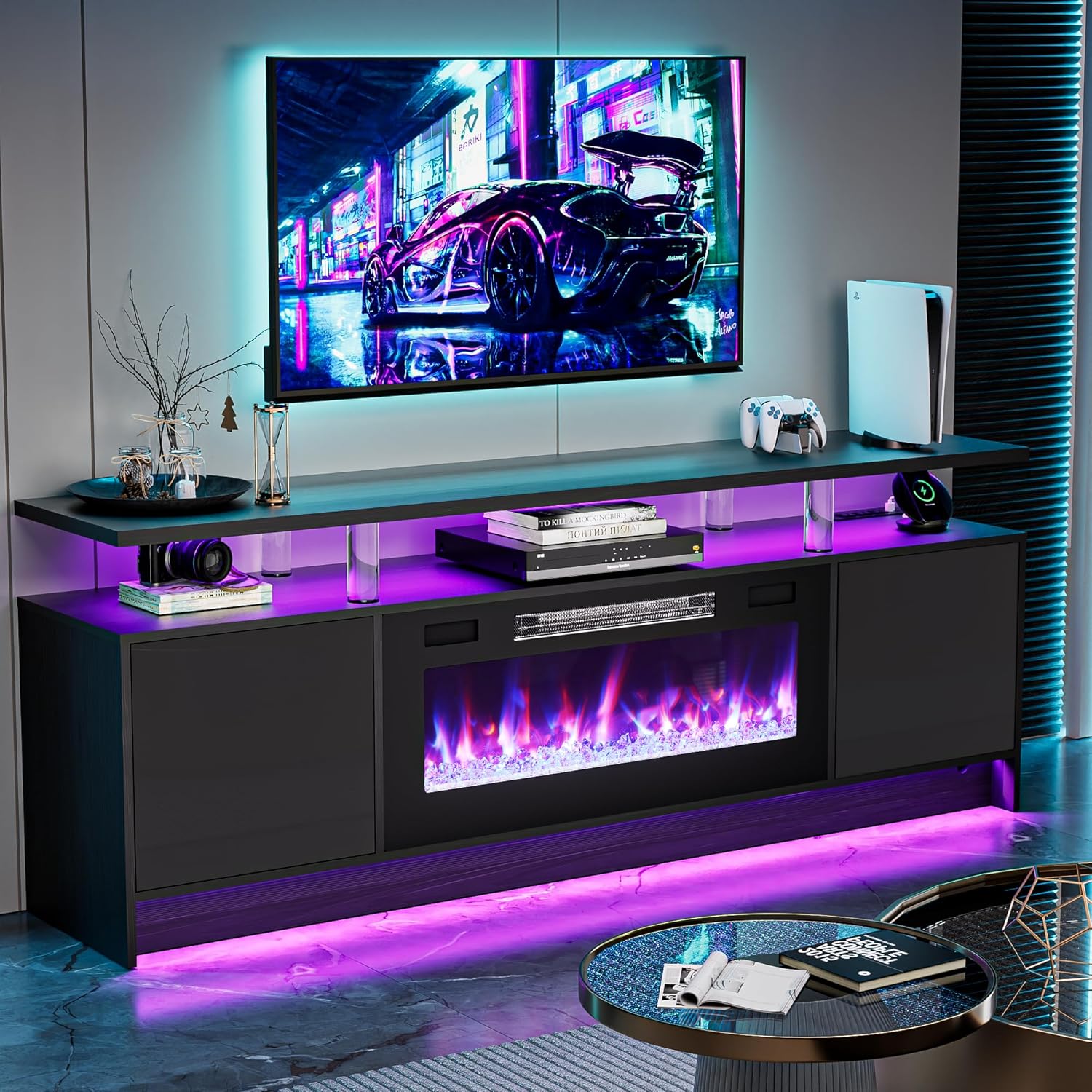 BREEZEHEAT 70 Inch Fireplace TV Stand for Up to 80 TV Console with 36'' Electric Fireplace & Outlet, Dual Led Lights Entertainment Center with Fireplace, Living Room, Black