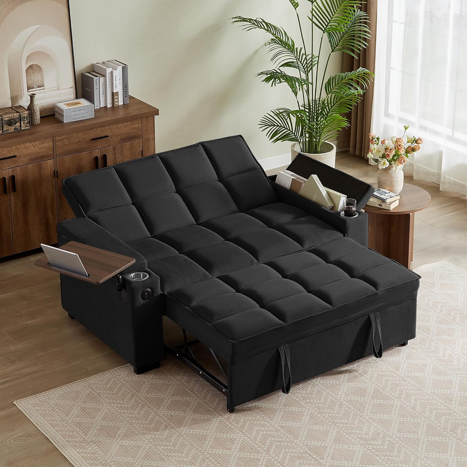 ​66 Multi-Functional Pull-Out Sofa Bed with Hidden Side Table, Storage Armrests, Built-in Charging Port, Spring Mattress, Solid Wood Frame – Ideal for Small Spaces, Easy Assembly