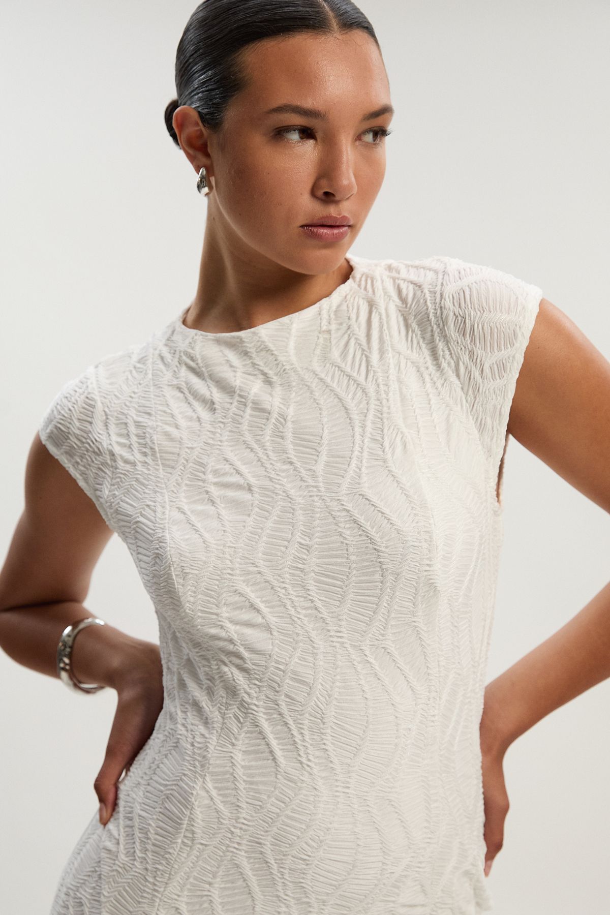 KarenMillen Textured Hanky Hem Short Sleeve Trim Detail Jersey Maxi Dress