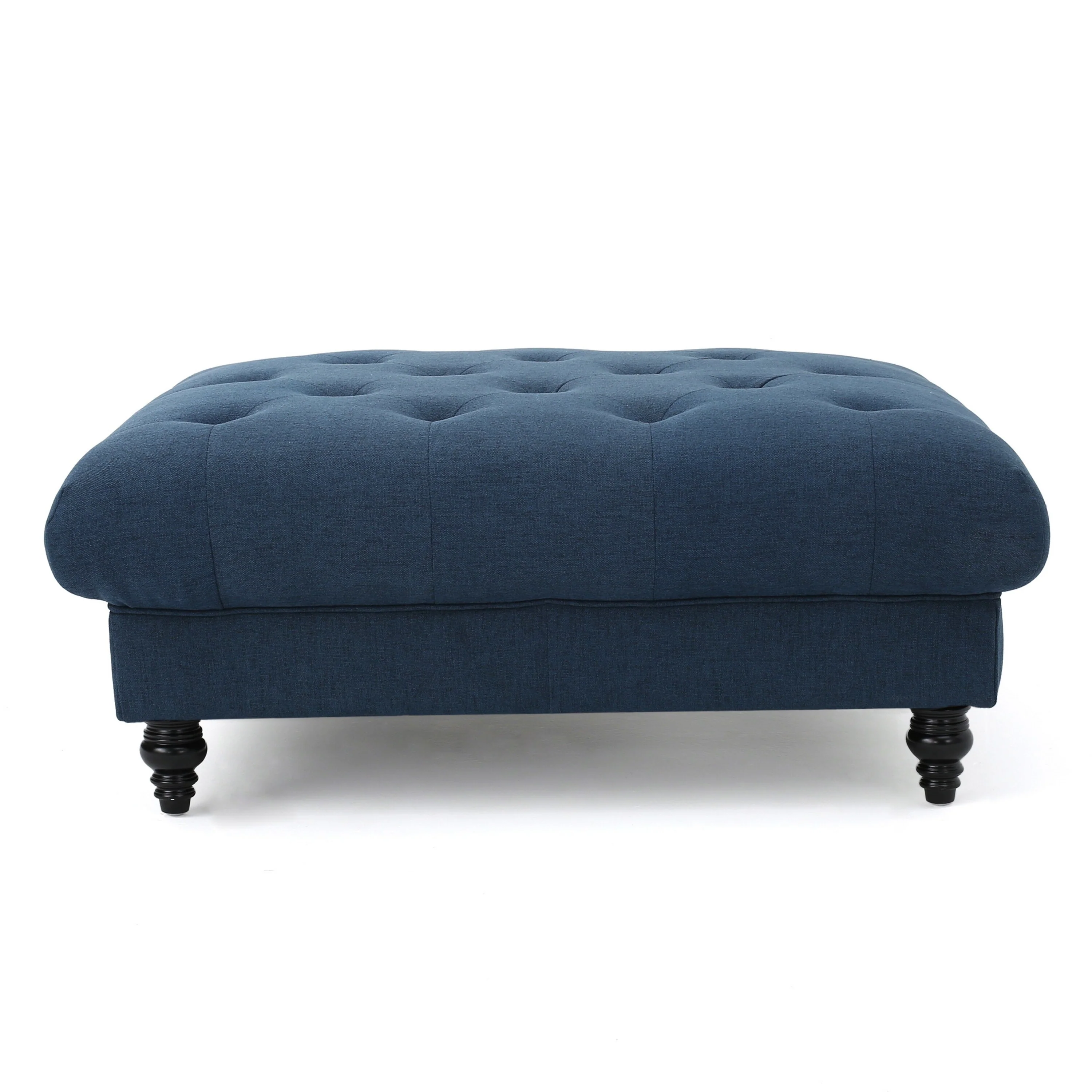 Capri Ottoman, Tufted Navy Blue Fabric, Birch Wood, Square 41 Inch