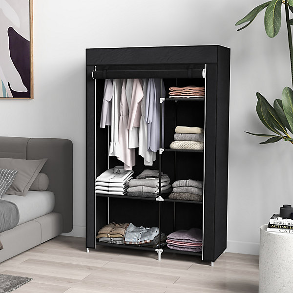 Armoire penderie multi-rangement - 6 étagères, 1 barre - dim. 103L x 43l x 162,5H cm - acier noir non tissé noir