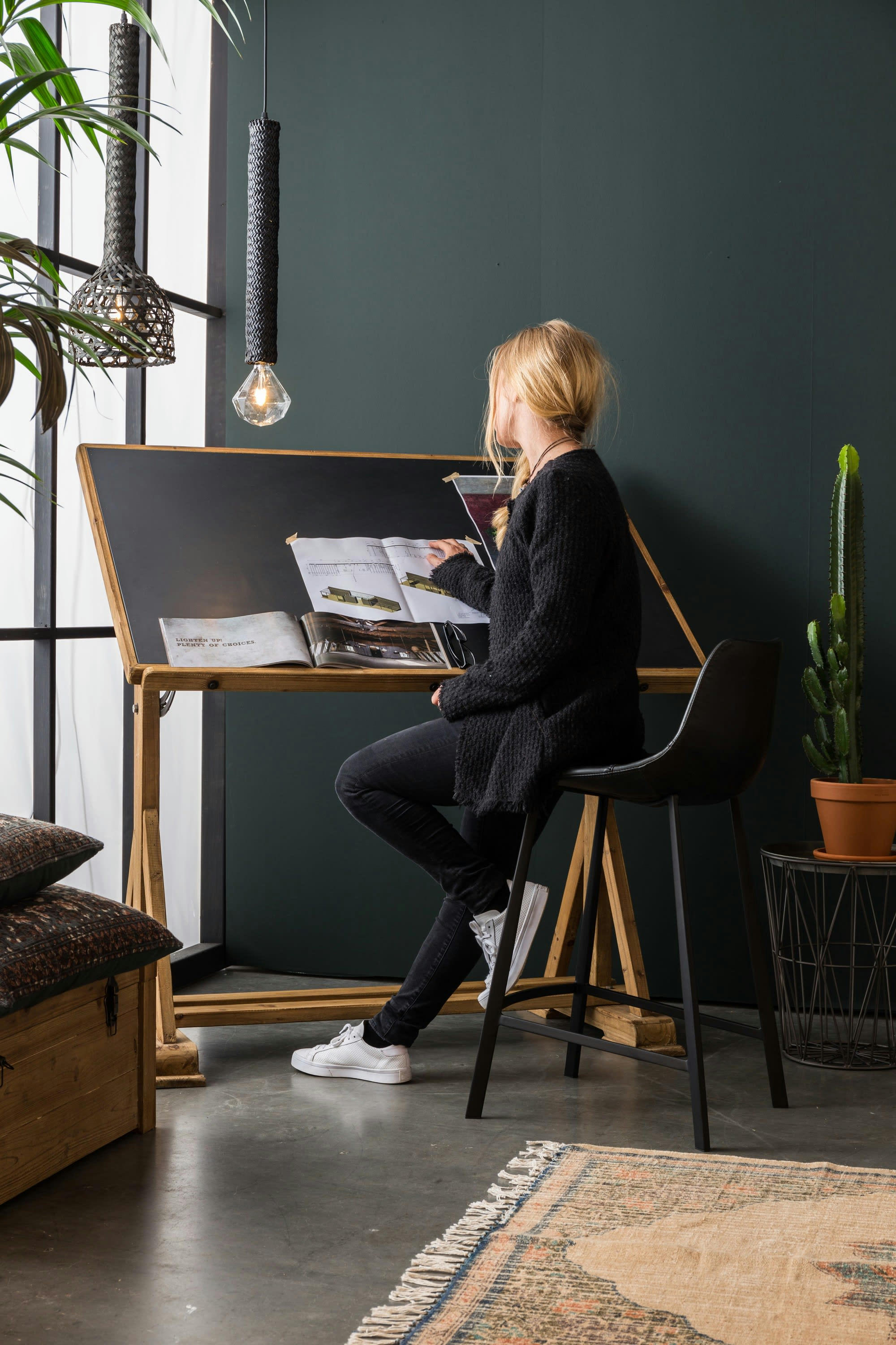 FRANKY - Tabouret de comptoir en cuir noir