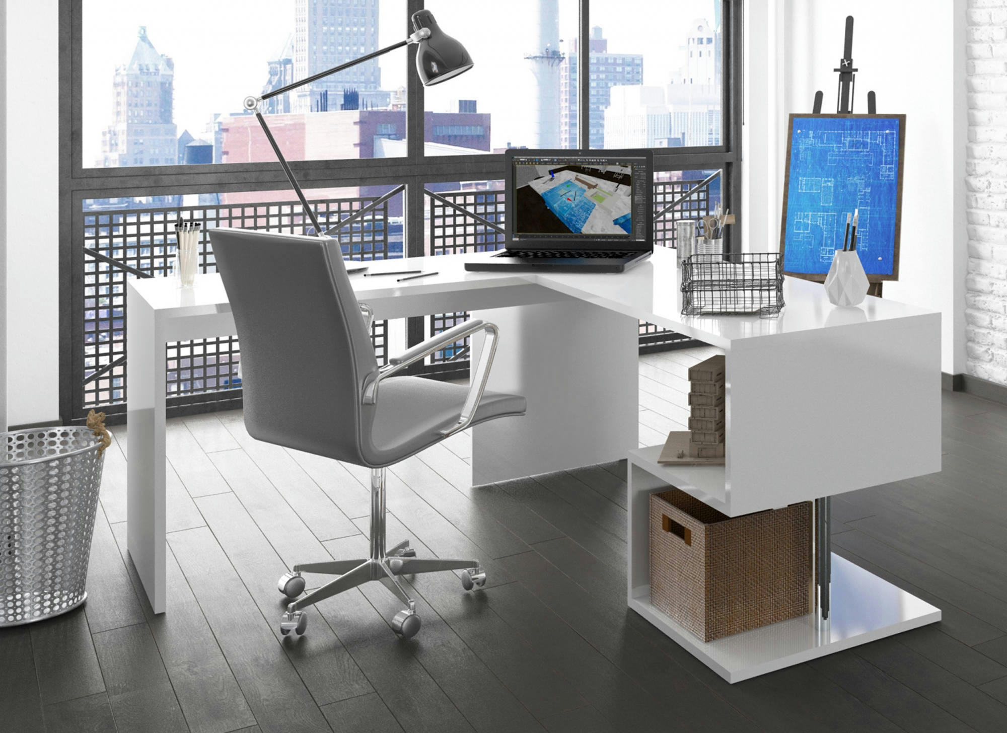 - Bureau d'angle effet bois blanc brillant