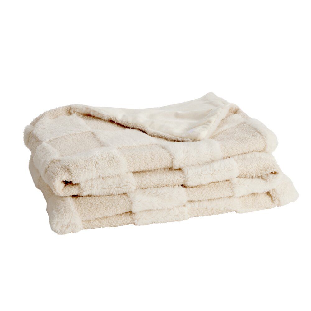 Plaid Teddy fourrure beige et blanc 130x190cm (2 modèles damier ou rayures)