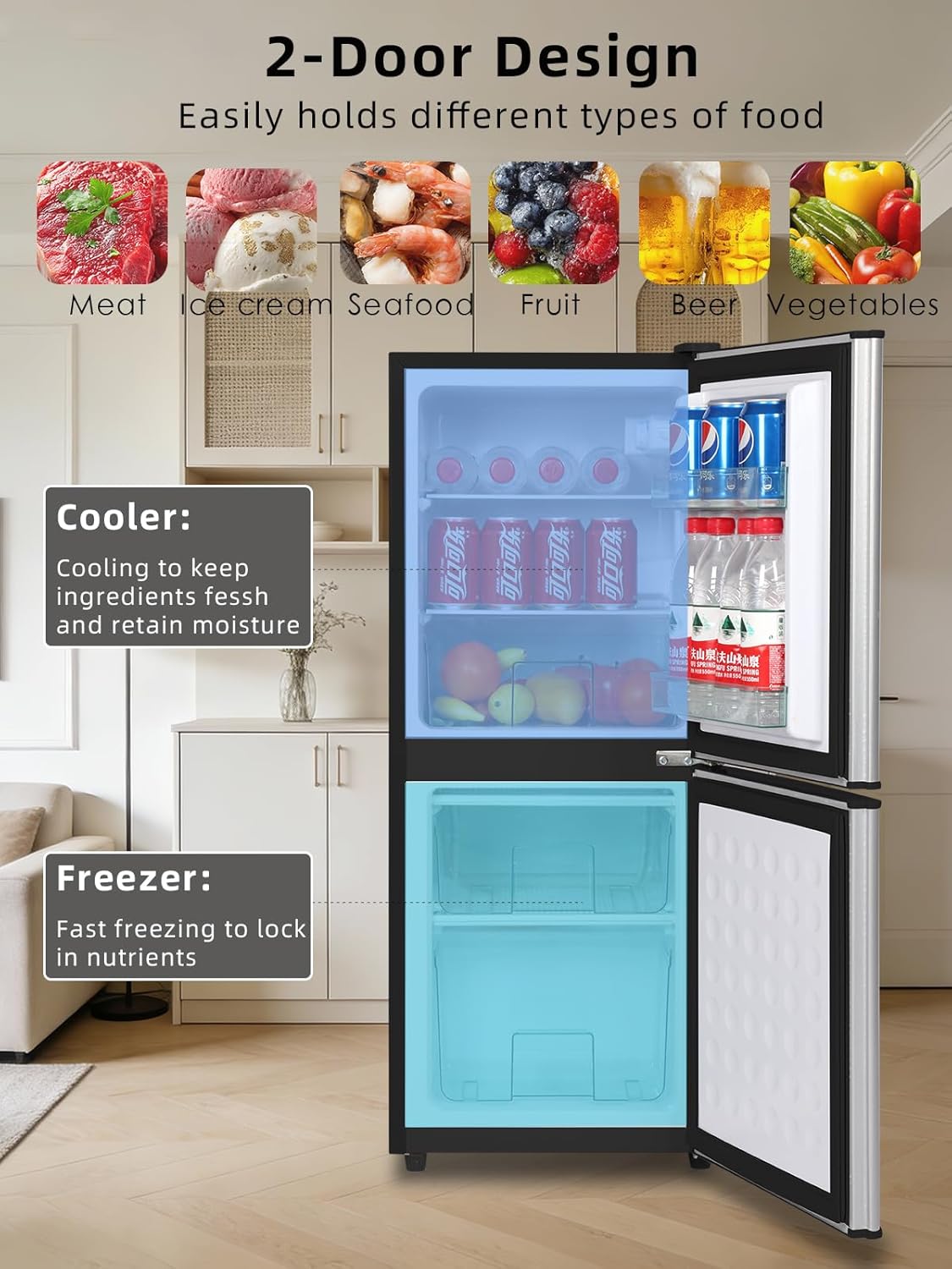 4.0 Cu.Ft Refrigerator with Freezer, 2 Doors Fridge with Adjustable Thermostat Control, Refrigerator for Kitchen, Dorm, Apartment, Garage, Office, Silver