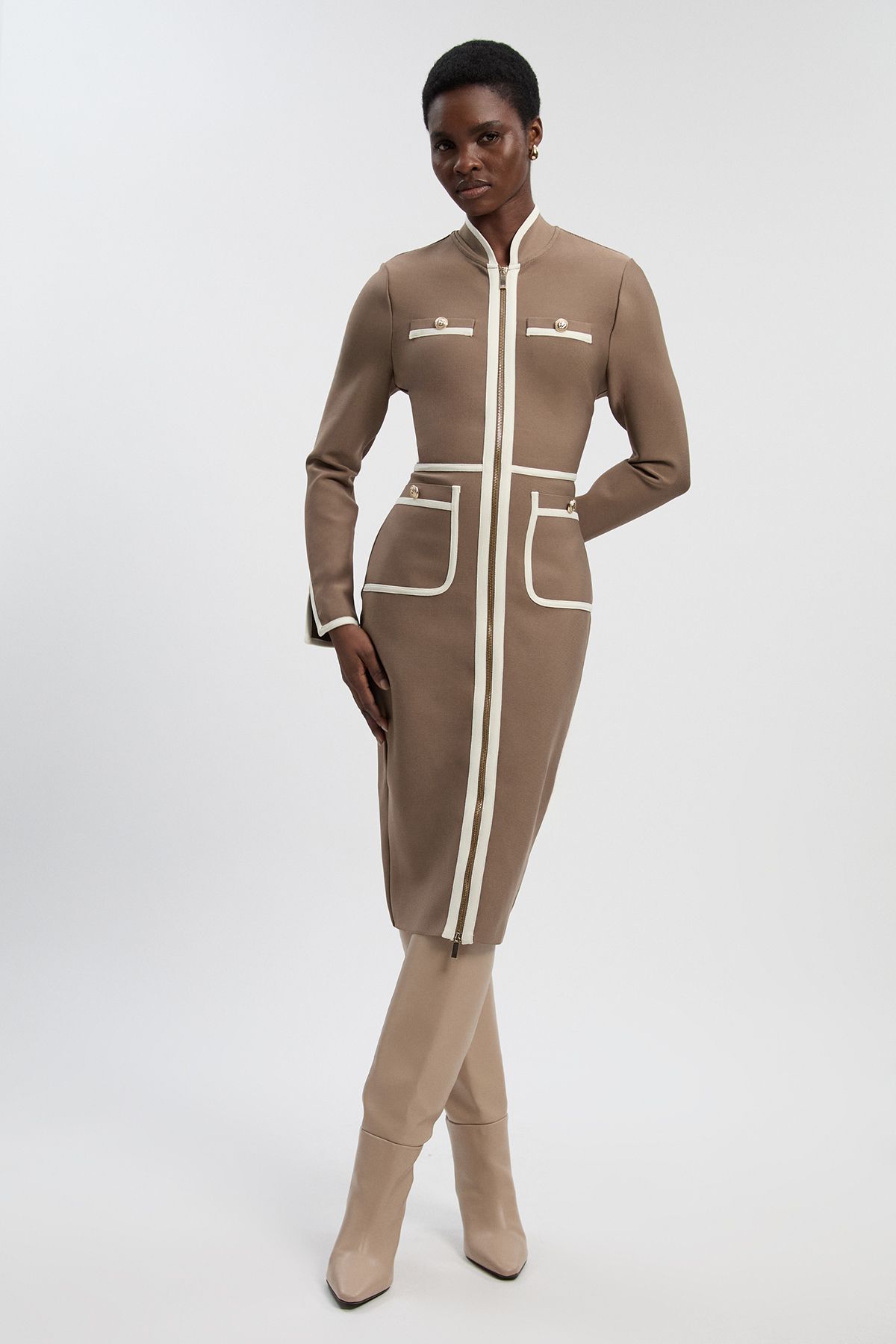 KarenMillen Petite Figure Form Bandage Knit Piping Detail Military Midi Dress