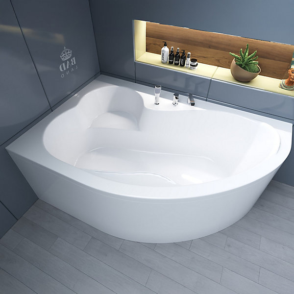 Baignoire asymétrique 160 x 105 Gauche MEGA acrylique blanc   avec Tablier   Pieds   Vidage à chromé