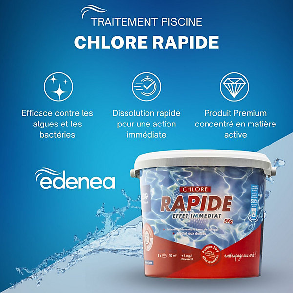 Chlore Rapide (Choc) Piscine - Pastilles 20G - Seau 5kg - Effet Immédiat - Spécial Rattrapage Eaux Vertes - Edg