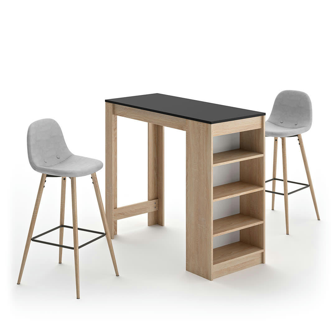 COCOON - Table bar effet bois chêne naturel et noir - gris clair