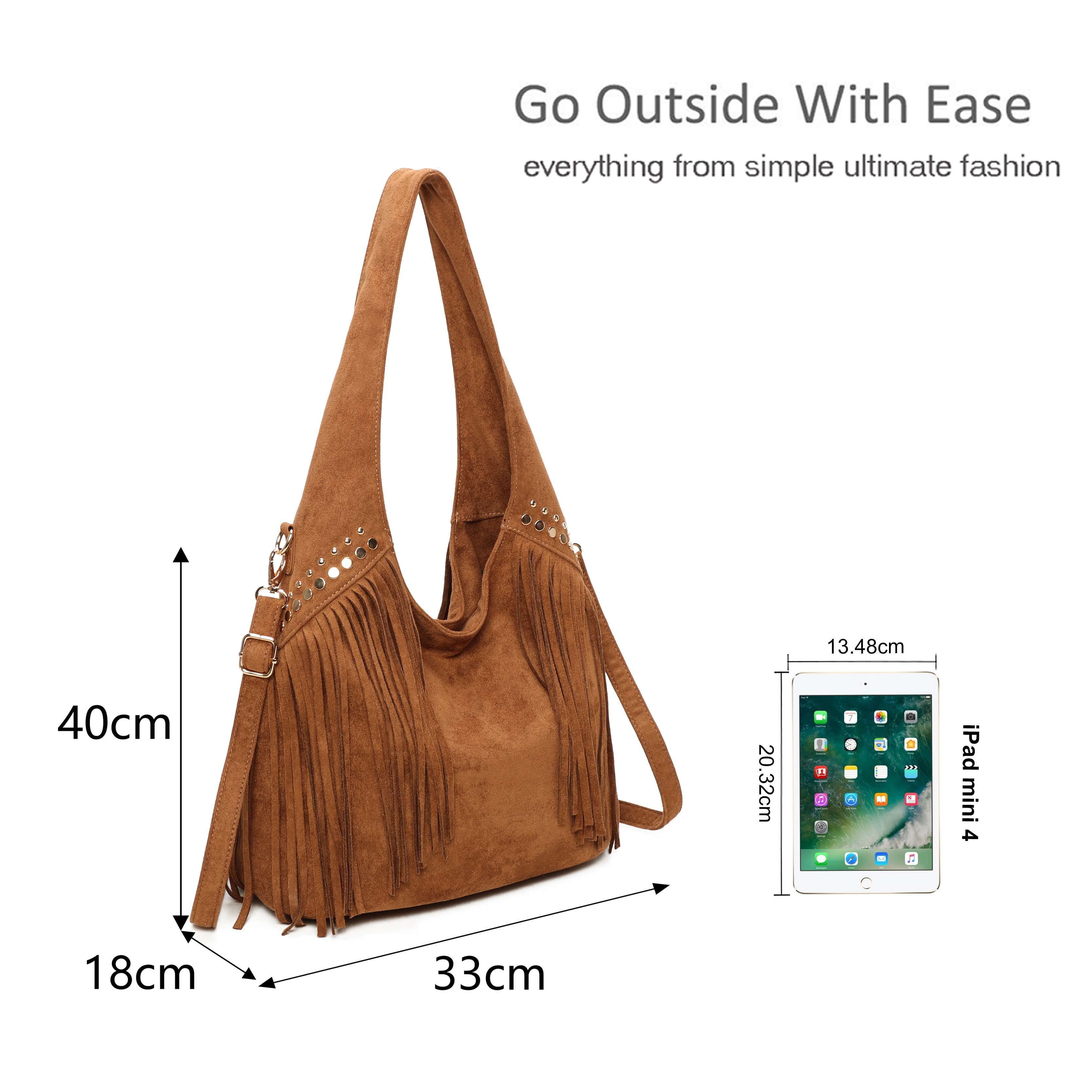 Kitise Studded Large Faux Suede Fringe Slouch Tote Shoulder Bag